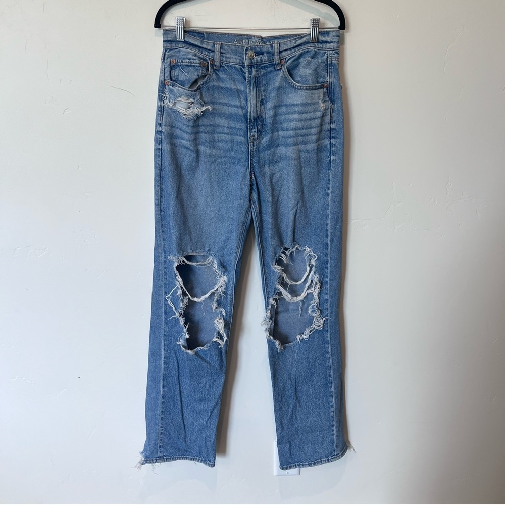 American Eagle Distressed Highest Rise Baggy Straight Blue Women's Jeans Size 8